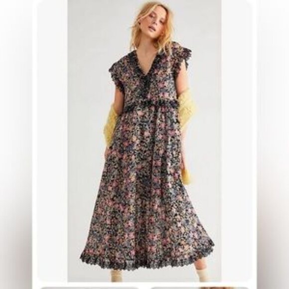 Free People Floral Maxi Dress - Black and Pink - Picture 1 of 7
